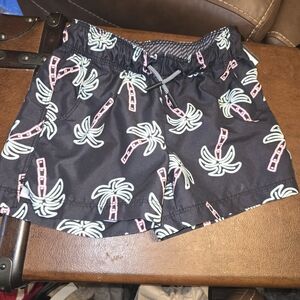 Kids Swim Trunks with Pink & Mint Palm Print - Drawstring - Back Pocket